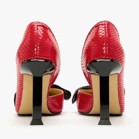 Pantofi Dama Eleganti din Piele Naturala Rosie, Imprimeu Geometric Argintiu, Funda Neagra Supradimensionata si Toc Modern 9 cm, Renzoni 9106 [4]