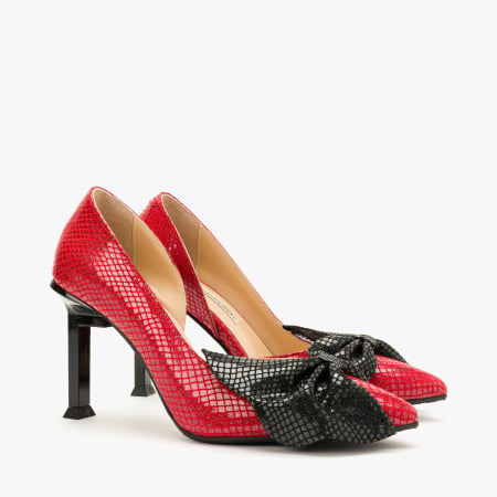 Pantofi Dama Eleganti - Pantofi Dama Eleganti din Piele Naturala Rosie, Imprimeu Geometric Argintiu, Funda Neagra Supradimensionata si Toc Modern 9 cm, Renzoni 9106