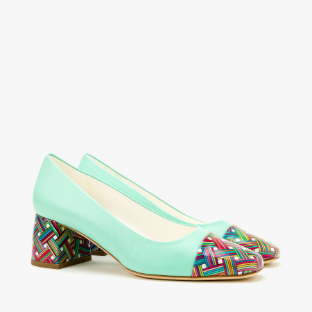 Incaltaminte Dama - Pantofi Dama Eleganti din Piele Naturala Turcoaz, Varf Multicolor si Toc Bloc 6 cm, Angelo Giannini 2338
