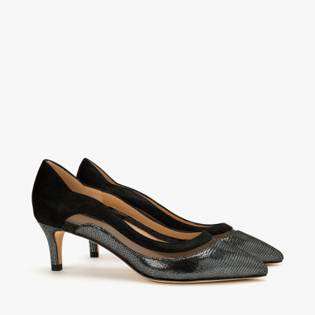 Pantofi Dama - Pantofi Dama Eleganți Gri cu Toc Subțire și Detalii din Nabuc/Plasă, Accademia 3701/2024