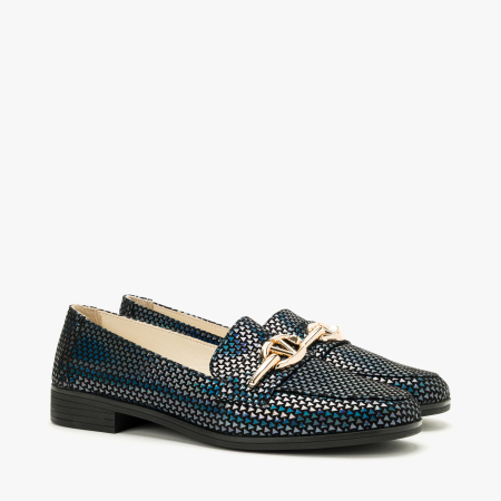 Pantofi Dama Casual - Pantofi Dama Casual Tip Mocasini, Piele Naturala Nabuc Multicolor, Imprimeu Geometric Irizat, Accesoriu Auriu si Toc Comod 2 cm, LAB Milano by Renzoni 08172007