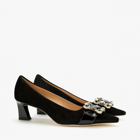 Pantofi Dama - Pantofi Dama Eleganți Negri, Toc Comod 5 cm, Piele Întoarsă, Accademia 3703/2024