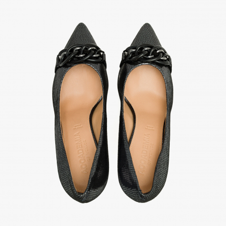 Pantofi Dama Eleganti, Negru-Argintiu, Nabuc Ștanțat, Toc Subțire 8 cm, Accesoriu Tip Lanț, Accademia 3680 [2]