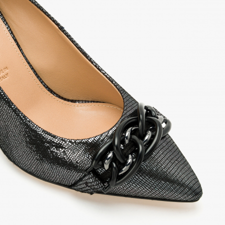 Pantofi Dama Eleganti, Negru-Argintiu, Nabuc Ștanțat, Toc Subțire 8 cm, Accesoriu Tip Lanț, Accademia 3680 [3]