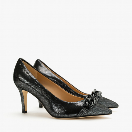 Pantofi Dama Eleganti - Pantofi Dama Eleganti, Negru-Argintiu, Nabuc Ștanțat, Toc Subțire 8 cm, Accesoriu Tip Lanț, Accademia 3680