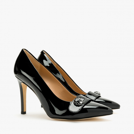 Pantofi Dama Eleganti - Pantofi Dama Eleganti, Negru Lac, Piele Naturala, Toc Subțire 10 cm, Accesoriu Cristale Swarovski, Accademia 3679