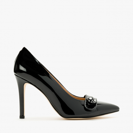 Pantofi Dama Eleganti, Negru Lac, Piele Naturala, Toc Subțire 10 cm, Accesoriu Cristale Swarovski, Accademia 3679 [1]