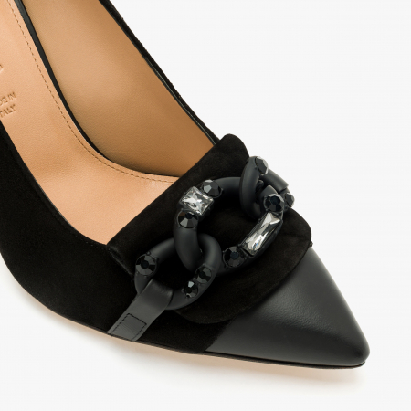 Pantofi Dama Eleganți, Negru, Piele Întoarsă, Accesoriu Tip Lanț cu Cristale Swarovski, Toc Subțire 10 cm, Accademia 3652 [3]