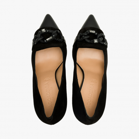 Pantofi Dama Eleganți, Negru, Piele Întoarsă, Accesoriu Tip Lanț cu Cristale Swarovski, Toc Subțire 10 cm, Accademia 3652 [2]