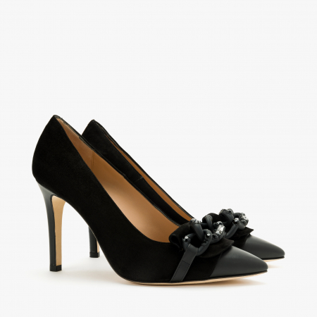 Pantofi Dama Eleganti - Pantofi Dama Eleganți, Negru, Piele Întoarsă, Accesoriu Tip Lanț cu Cristale Swarovski, Toc Subțire 10 cm, Accademia 3652