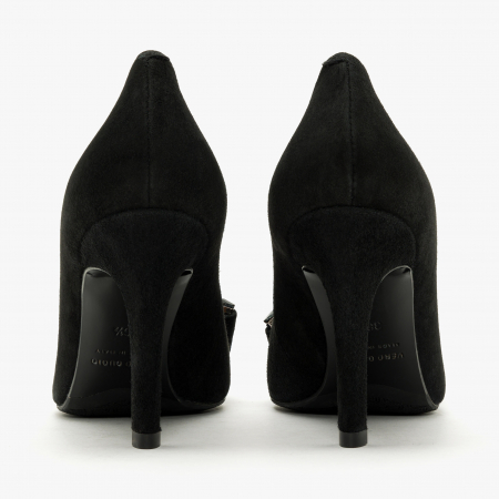 Pantofi Dama Eleganți, Negru, Toc Subțire 9 cm, Piele Întoarsă, Funda cu Cristale, Giovanni Fabiani 24358 [4]