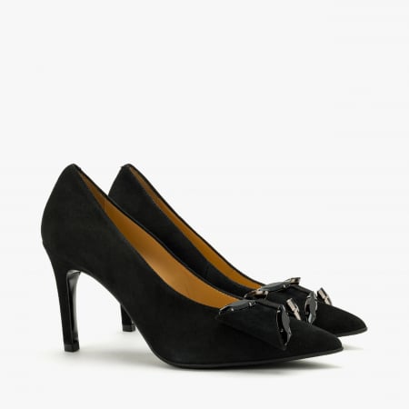 Incaltaminte Dama - Pantofi Dama Eleganți, Negru, Toc Subțire 9 cm, Piele Întoarsă, Funda cu Cristale, Giovanni Fabiani 24358