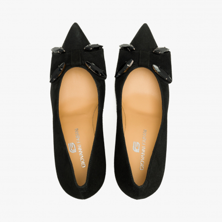 Pantofi Dama Eleganți, Negru, Toc Subțire 9 cm, Piele Întoarsă, Funda cu Cristale, Giovanni Fabiani 24358 [2]