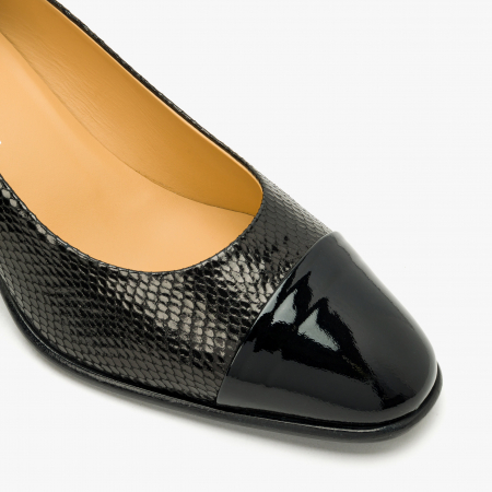 Pantofi Dama Eleganti, Negru, Varf Rotund, Toc Gros 6 cm, Piele Stantata si Lac, Giovanni Fabiani 24519 [3]