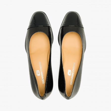 Pantofi Dama Eleganti, Negru, Varf Rotund, Toc Gros 6 cm, Piele Stantata si Lac, Giovanni Fabiani 24519 [2]
