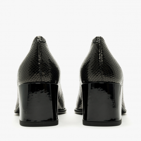 Pantofi Dama Eleganti, Negru, Varf Rotund, Toc Gros 6 cm, Piele Stantata si Lac, Giovanni Fabiani 24519 [4]
