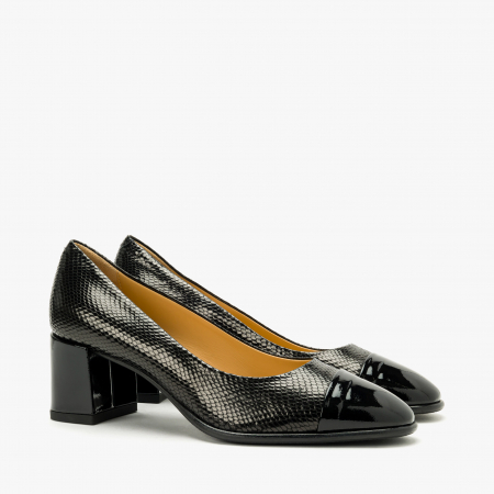 Pantofi Dama - Pantofi Dama Eleganti, Negru, Varf Rotund, Toc Gros 6 cm, Piele Stantata si Lac, Giovanni Fabiani 24519