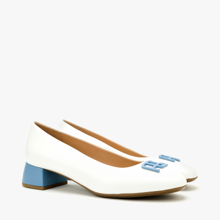 Pantofi Dama - Pantofi Dama Eleganti, Piele Naturala Alba, Logo Decorativ Bleu si Toc Comod 4 cm, Angelo Giannini 3023