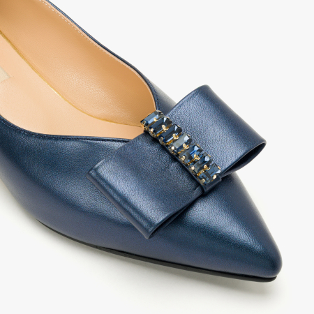 Pantofi Dama Eleganti din Piele Naturala Bleumarin Metalizat, Funda Decorativa, Cristale Albastre si Toc Auriu Striat 2 cm, Renzoni 8885 [3]
