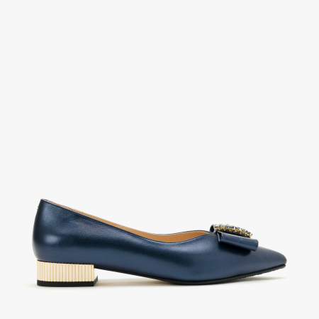 Pantofi Dama Eleganti din Piele Naturala Bleumarin Metalizat, Funda Decorativa, Cristale Albastre si Toc Auriu Striat 2 cm, Renzoni 8885 [1]