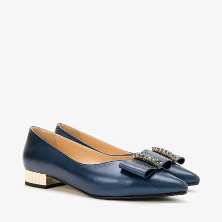 Pantofi Dama Eleganti - Pantofi Dama Eleganti din Piele Naturala Bleumarin Metalizat, Funda Decorativa, Cristale Albastre si Toc Auriu Striat 2 cm, Renzoni 8885