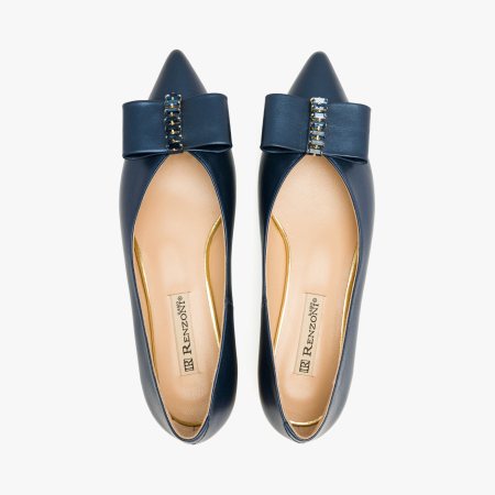 Pantofi Dama Eleganti din Piele Naturala Bleumarin Metalizat, Funda Decorativa, Cristale Albastre si Toc Auriu Striat 2 cm, Renzoni 8885 [2]