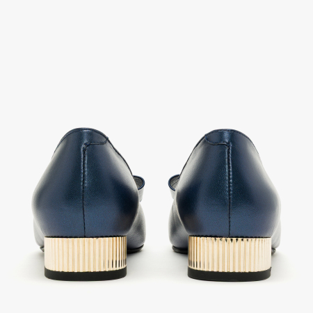 Pantofi Dama Eleganti din Piele Naturala Bleumarin Metalizat, Funda Decorativa, Cristale Albastre si Toc Auriu Striat 2 cm, Renzoni 8885 [4]