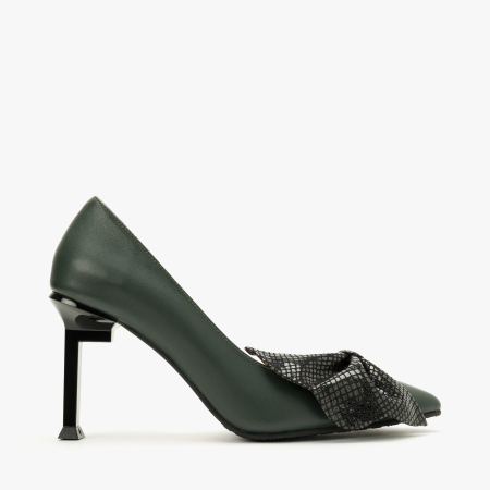 Pantofi Dama Eleganti, Piele Naturala Gri, Funda Supradimensionata Negru-Argintiu, Decupaje Laterale si Toc Geometric 9 cm, Renzoni 9106 [1]