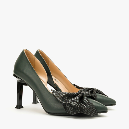 Pantofi Dama Eleganti - Pantofi Dama Eleganti, Piele Naturala Gri, Funda Supradimensionata Negru-Argintiu, Decupaje Laterale si Toc Geometric 9 cm, Renzoni 9106