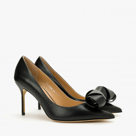 Pantofi Dama - Pantofi Damă Eleganți, Piele Neagră, Accesoriu din Piele, Toc Subțire 8 cm, Vârf Ascuțit, Giorgio Fabiani 241059