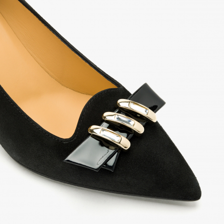 Pantofi Dama Eleganți, Toc Subțire 7 cm, Piele Intoarsă Neagra, Funda cu Cristale Swarovski, Giovanni Fabiani 24274 [3]