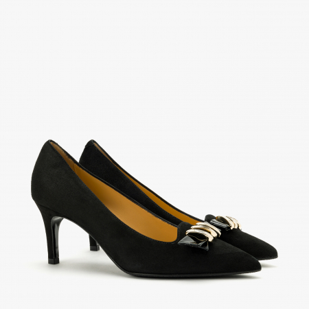 Pantofi Dama Eleganti - Pantofi Dama Eleganți, Toc Subțire 7 cm, Piele Intoarsă Neagra, Funda cu Cristale Swarovski, Giovanni Fabiani 24274