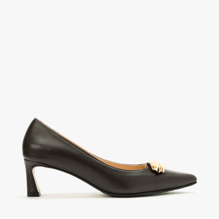 Pantofi Dama Eleganti, Piele Naturala Maro, Accesoriu Metalic Auriu, Varf Ascutit si Toc Evazat 5 cm, Renzoni 9012 [1]