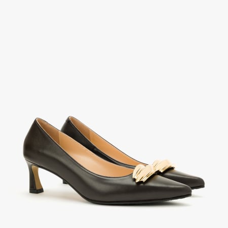 Pantofi Dama Eleganti - Pantofi Dama Eleganti, Piele Naturala Maro, Accesoriu Metalic Auriu, Varf Ascutit si Toc Evazat 5 cm, Renzoni 9012