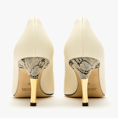 Pantofi Dama Eleganti, Piele Naturala Bej, Toc Stiletto 8 cm si Aplicatie din Dantela, Accademia 3913 [4]