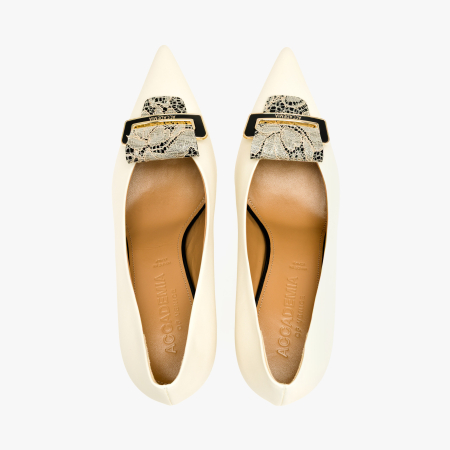 Pantofi Dama Eleganti, Piele Naturala Bej, Toc Stiletto 8 cm si Aplicatie din Dantela, Accademia 3913 [2]