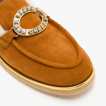 Pantofi Dama Casual din Piele Intoarsa, Culoare Havan, Bordura Blana, Accesoriu cu Cristale, Toc Comod, Renzoni 6686 [3]