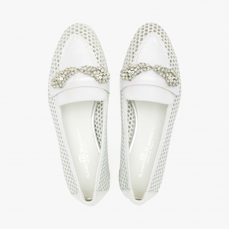 Pantofi Dama Casual din Piele Perforata, Culoare Alba, Accesoriu cu Cristale pe Rist, Sezon Primavara-Vara, Renzoni 5331 [2]