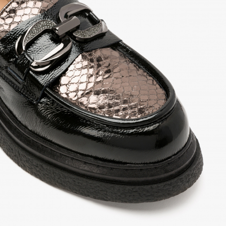 Pantofi Dama din Piele, Talpa Comoda, Catarama Argintie cu Cristale, Culoare Neagra, Lac, Crep, Renzoni 3920 [3]
