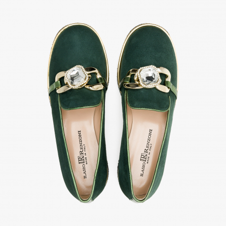 Pantofi Dama Casual din Piele Intoarsa, Culoare Verde, Toc Comod, Accesoriu din Zale cu Aplicatie de Cristale, Renzoni 6680 [2]