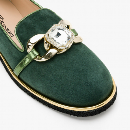 Pantofi Dama Casual din Piele Intoarsa, Culoare Verde, Toc Comod, Accesoriu din Zale cu Aplicatie de Cristale, Renzoni 6680 [3]