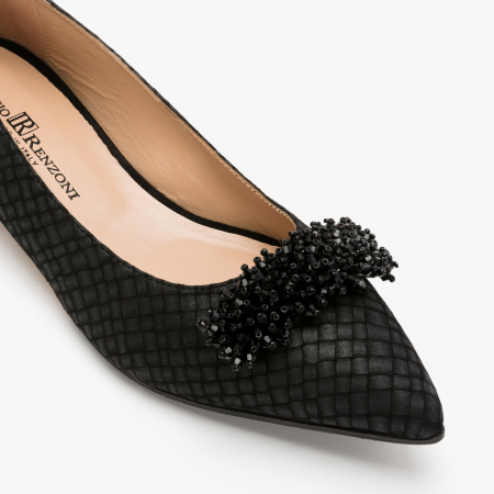 Pantofi Dama Eleganti, Piele Nabuc de Culoare Neagra, Margele Decorative, Renzoni 6361 [3]