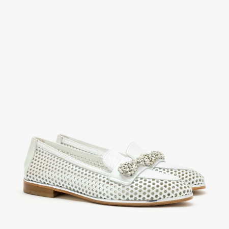 Pantofi Dama Casual din Piele Perforata, Culoare Alba, Accesoriu cu Cristale pe Rist, Sezon Primavara-Vara, Renzoni 5331 [0]
