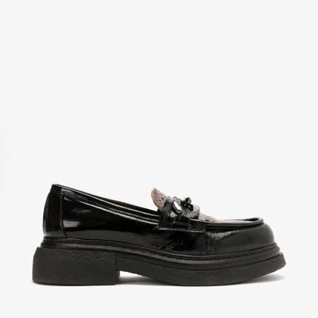 Pantofi Dama din Piele, Talpa Comoda, Catarama Argintie cu Cristale, Culoare Neagra, Lac, Crep, Renzoni 3920 [1]