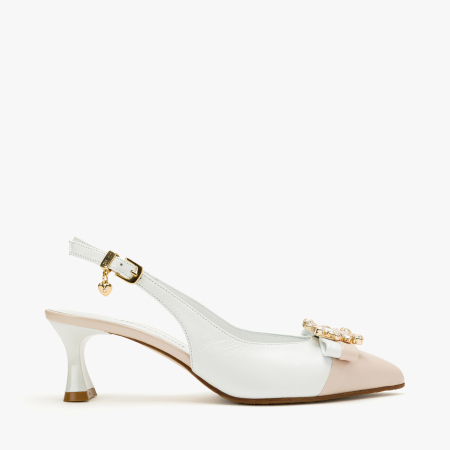 Pantofi Sanda Dama, Eleganti, Piele Naturala, Alb-Bej, Cristale pe Varf, Funda Piele, Toc 5 cm, Renzoni 8488 [1]