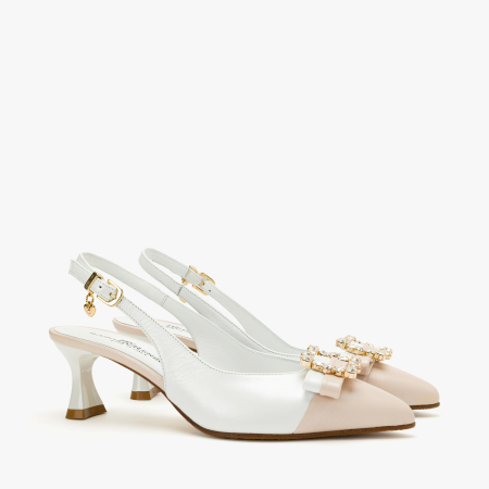 Incaltaminte Dama - Pantofi Sanda Dama, Eleganti, Piele Naturala, Alb-Bej, Cristale pe Varf, Funda Piele, Toc 5 cm, Renzoni 8488