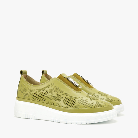 Pantofi Dama - Pantofi Dama Slip-On, Piele Naturala Kaki Stantata, Talpa Comoda, Varf Rotund, Design Casual, LAB Milano by Renzoni G3526344