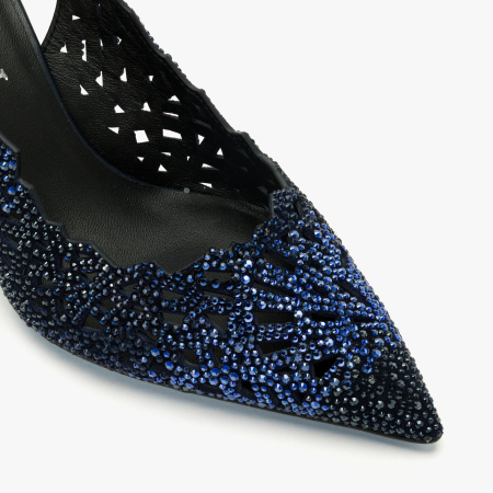 Pantofi Sanda Dama Bleumarin, Piele Naturala Perforata, Slingback cu Strasuri Albastre, Toc Evazat 8 cm, Loriblu 3EL8SB88 [3]