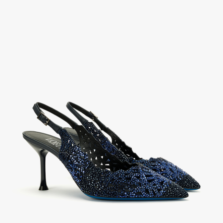 Pantofi Sanda Eleganti - Pantofi Sanda Dama Bleumarin, Piele Naturala Perforata, Slingback cu Strasuri Albastre, Toc Evazat 8 cm, Loriblu 3EL8SB88