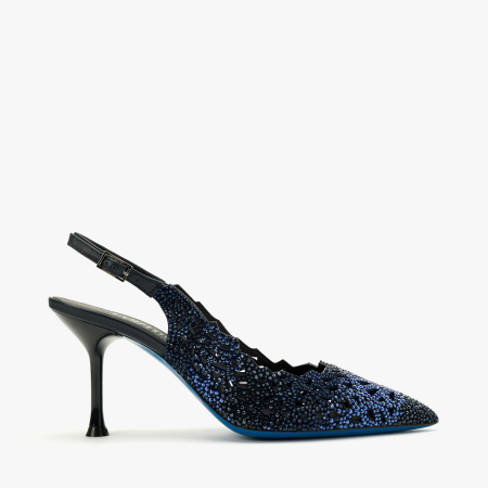 Pantofi Sanda Dama Bleumarin, Piele Naturala Perforata, Slingback cu Strasuri Albastre, Toc Evazat 8 cm, Loriblu 3EL8SB88 [1]
